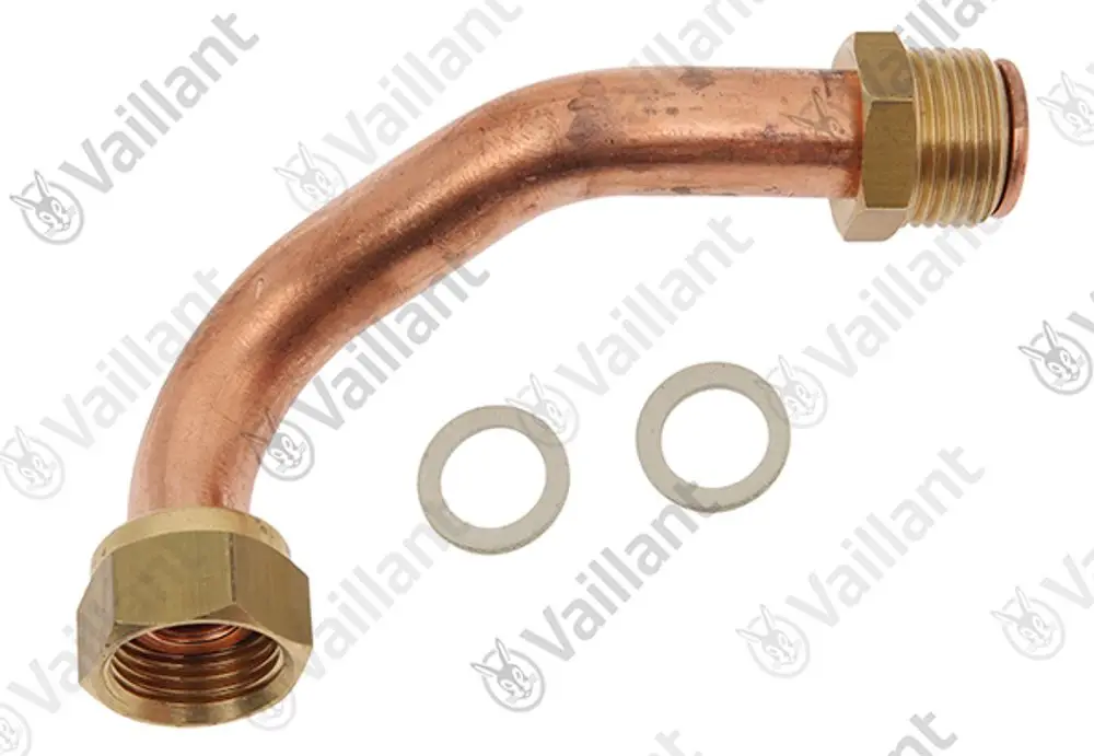 Kupferrohr mit gebogenem Ende und zwei Unterlegscheiben, hergestellt von Vaillant. Das Rohr hat einen Anschluss mit Gewinde.